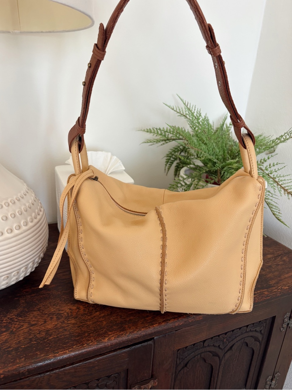 The Sak Los Feliz Leather Shoulder Bag Yellow With A Brown Strap